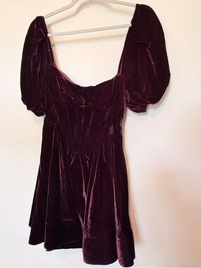 Bardot Velvet Puff Sleeve Mini Dress in Plum